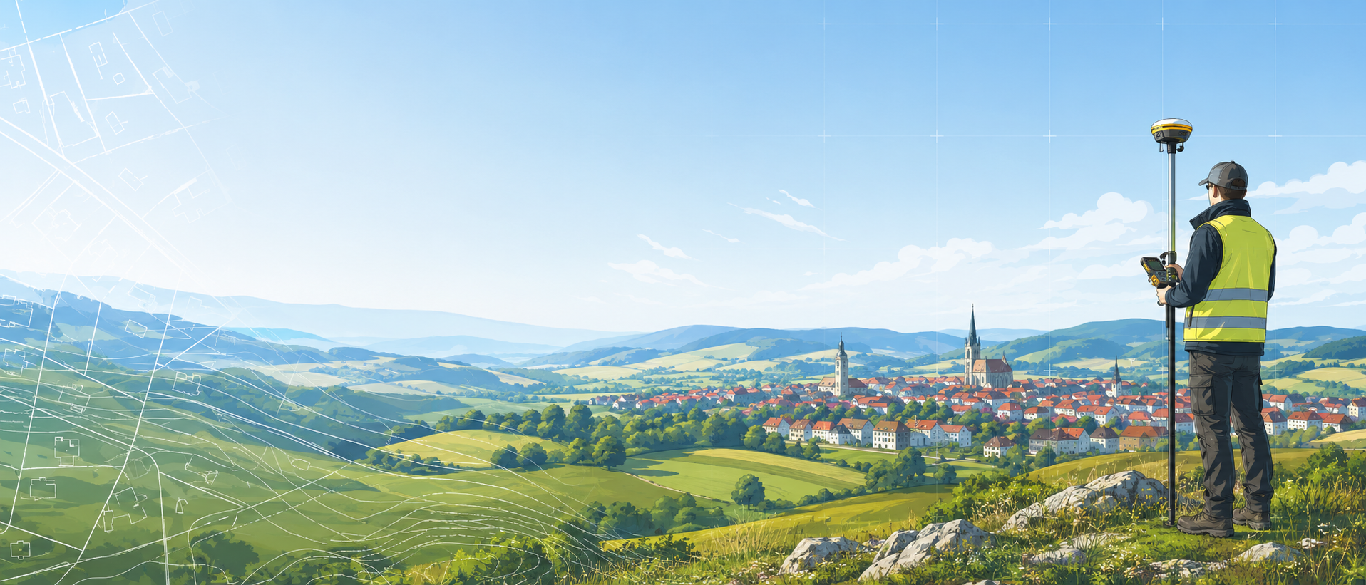 Kreslená ilustrace geodeta s krajinou a mapovými prvky pro Geodezie Klatovy
